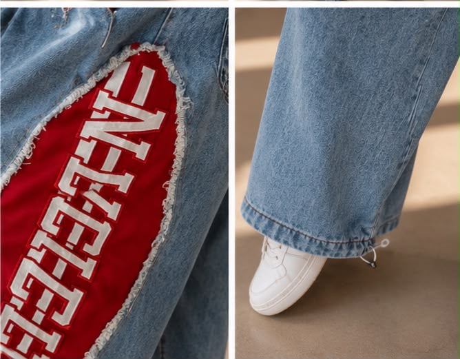 Embroidered Side Baggy Trouser — Blue & Red