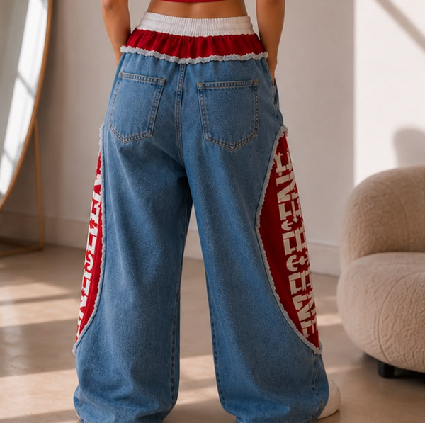 Embroidered Side Baggy Trouser — Blue & Red