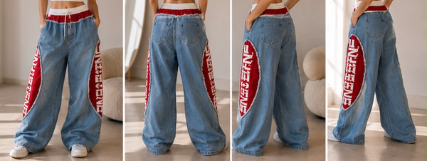 Embroidered Side Baggy Trouser — Blue & Red