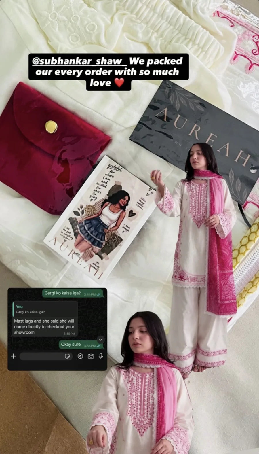 The Pink Farsi salwar suit photographed with AUREAH packaging, and the customer's message