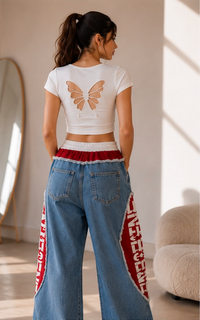 Baggy Side Red Buttterfly White Top