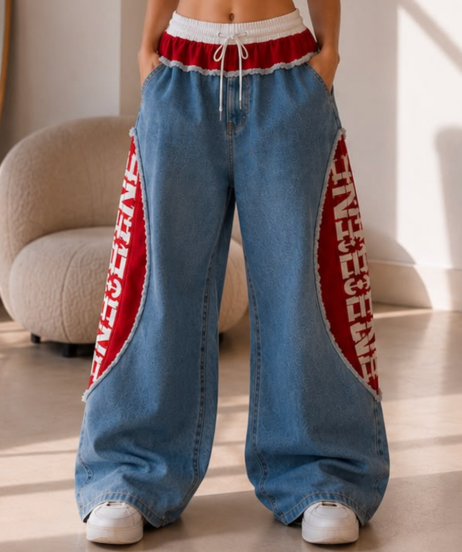Embroidered Side Baggy Trouser — Blue & Red