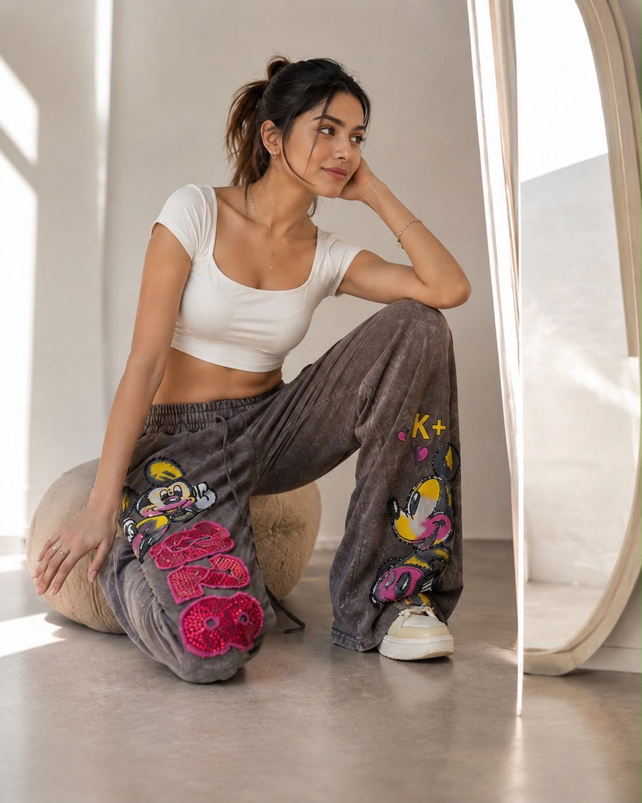 Mickey Printed Pants — Brown