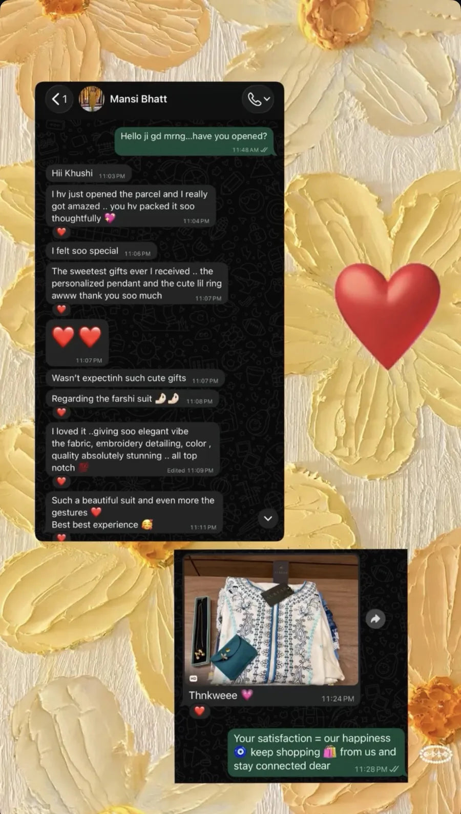 WhatsApp message from Mansi about the Blue Grace satin suit — fabric, embroidery and packaging
