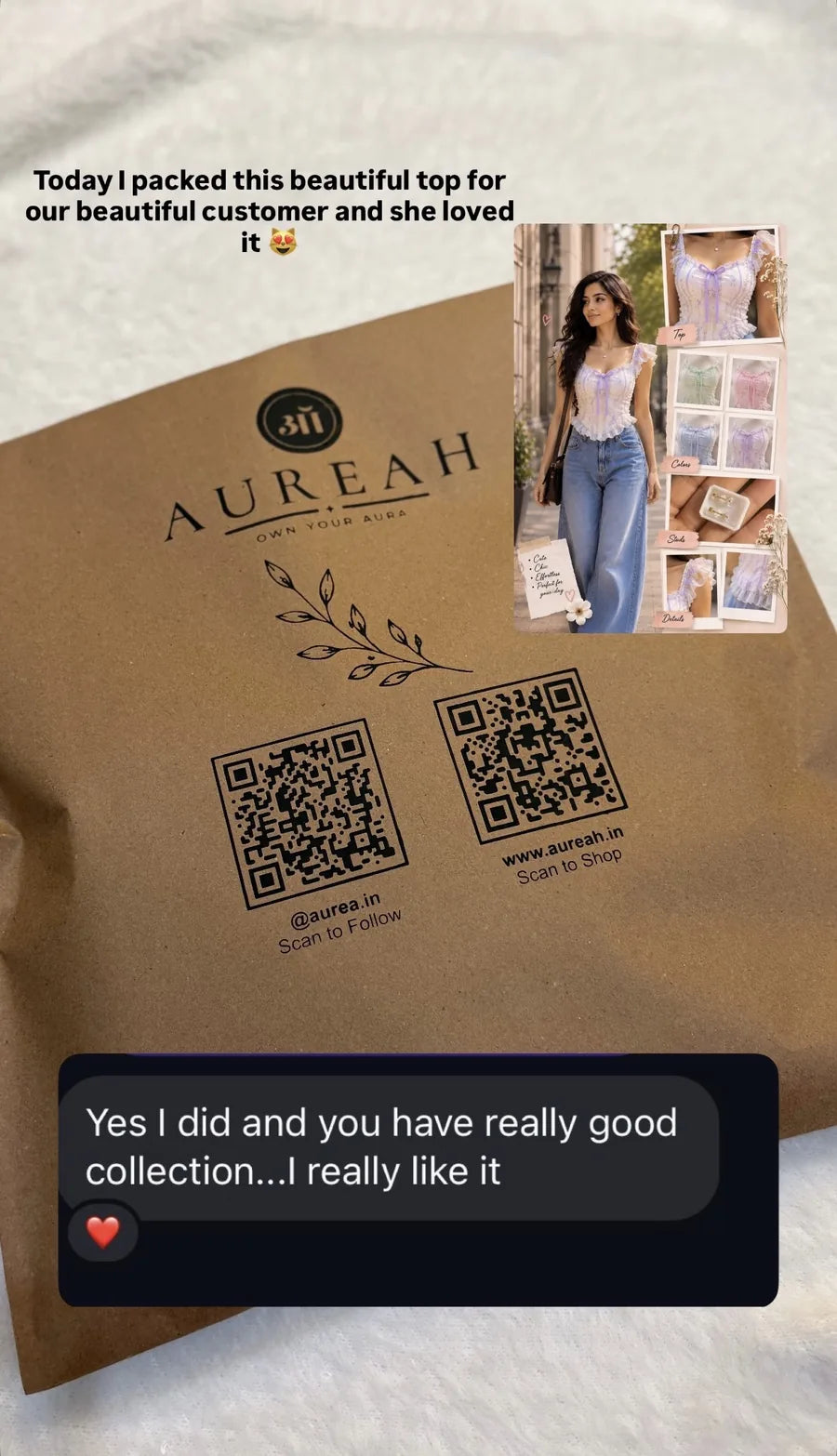 AUREAH parcel packed for a customer, with her reply about the collection