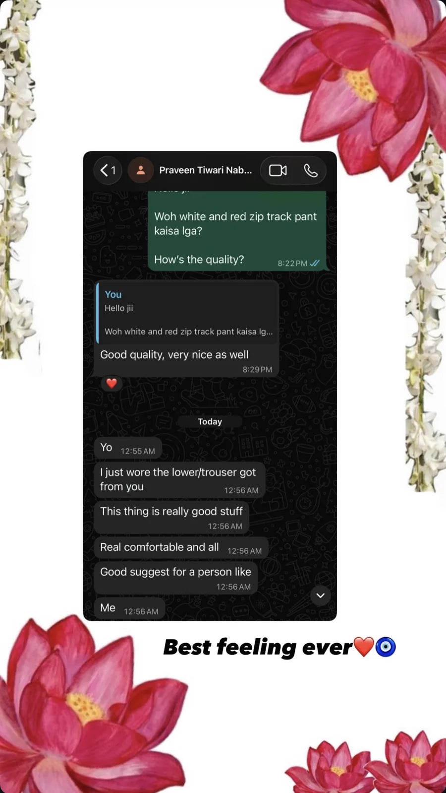 WhatsApp message about the red zip trouser — good quality and real comfortable